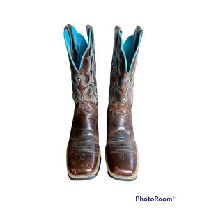 Ariat Women's Brown with Turquoise Stitch Double Welt Wide Square Toe Boot